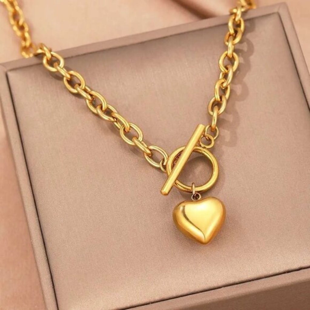 Gold Chunky Heart Pendant Chain Necklace Clasp Choker Women Fashion Jewelry